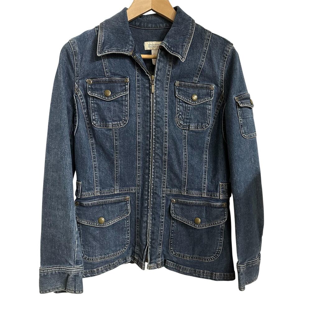 Jones New York Jacket vintage Womens S Denim Military Utility Full Zip Pockets
